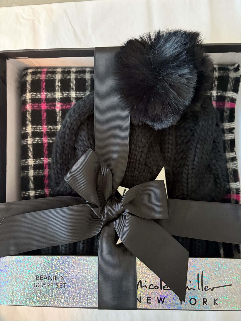 Nicole Miller Black Knit Beanie & Plaid Scarf Gift Set with Pom
